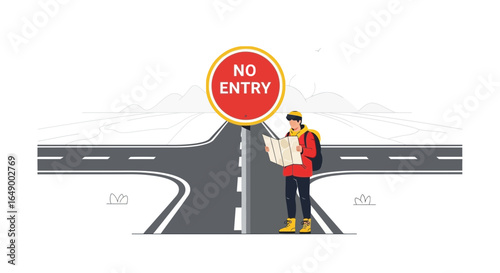 Lost Tourist On Road With No Entry Sign Consults The Map For Directions