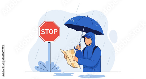 Lost Tourist Standing in The Rain Holding a Map Next To a Stop Sign