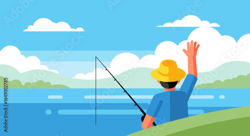 Man Fishing On A Lake Waving Greeting Leisurely Outdoor Activity Scene