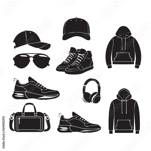 Vector art of collection of urban fashion and streetwear items including sneakers, hoodies, caps, sunglasses, a duffel bag, and headphones, isolated on white background