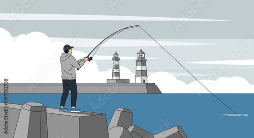 Man Fishing With Lighthouse View Peaceful Outdoor Leisure Activity Concept
