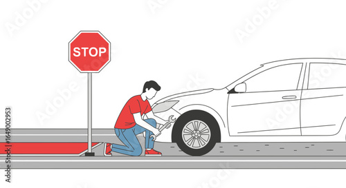 Man Fixing Car Tire on Roadside with Stop Sign in Urban Setting