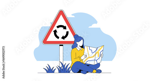 Lost Traveler Navigating With Map Near Road Sign With Roundabout Indication