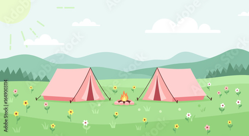 Lovely Tents And Campfire In Nature Scene Flat Design Illustration