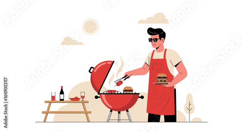 Man Grilling Burgers And Hotdogs For A Summer Barbecue Party Outdoors