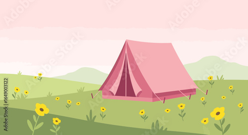 Lovely Pink Tent Amidst Blooming Meadow Under Pastel Sky Flat Illustration