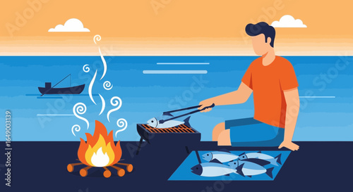 Man Grilling Fish By the Sea at Sunset Enjoying a Relaxing Vacation
