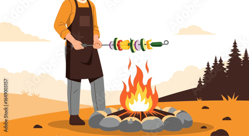 Man Grilling Vegetable Skewer Over Campfire In A Forest Setting Illustration