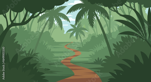 Lush Jungle Path With Palm Trees And Tropical Vegetation Scenery