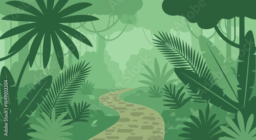 Lush Jungle Trail Scene With Abundant Green Foliage And Natural Pathway