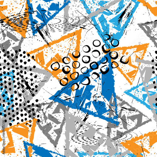 Seamless geometric graffiti pattern with orange, blue, grey, and black, halftone dots, and grunge textures on white. Ideal for streetwear, skate, and sportswear prints.
