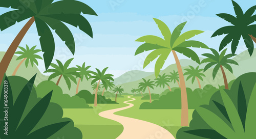 Lush Tropical Pathway Landscape With Palm Trees And Green Foliage