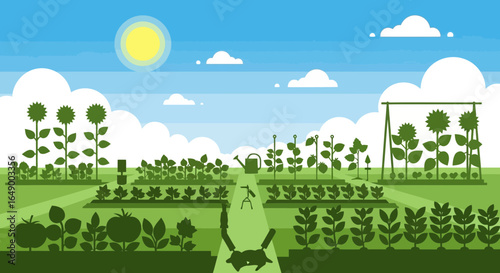 Lush Vegetable Garden With Plants And Tools On A Sunny Day Illustration