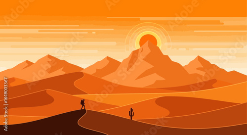 Man Hiking Across Sand Dunes During a Warm and Bright Desert Sunrise
