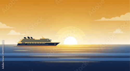Luxury Cruise Ship At Sea During Sunset Vacation Concept