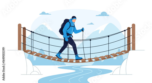 Man Hiking Across Suspension Bridge In Mountain Landscape Flat Illustration