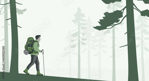 Man Hiking Through Calm Forest With Backpack Adventure And Relaxation