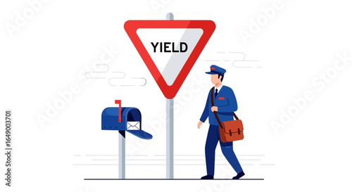 Mailman Delivers Letters Under A Yield Sign On A Bright And Sunny Day