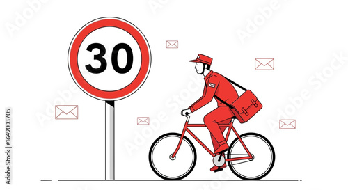 Mailman Delivery Man Riding Bicycle Next To Speed Limit Sign Illustration