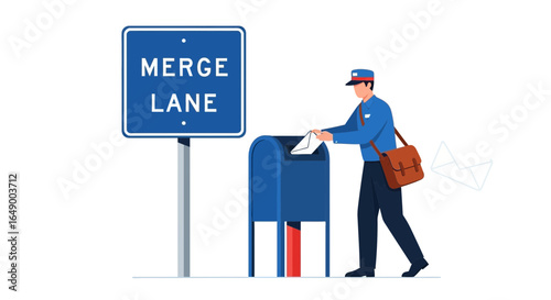 Mailman Delivering Postal Service and Placing Mail in a Blue Mailbox Near Road Sign
