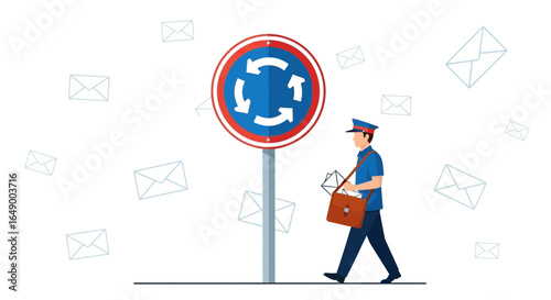 Mailman Making His Route With A Roundabout Sign Symbolizing Continuous Service