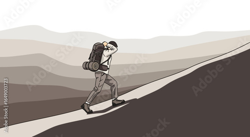 Man Hiking Up Hill Illustration With Backpack For Adventure On Mountains