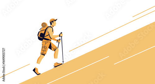 Man Hiking Up a Mountain Using Trekking Poles with Backpack Isolated