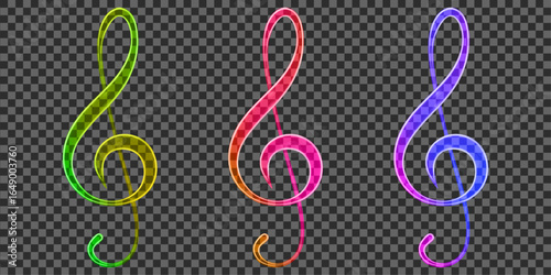 3d neon glass transparent treble clef. Holographic music icon for design. Stock vector illustration on isolated background.	
