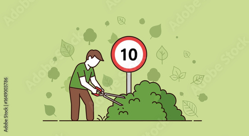 Maintaining Greenery Simple Illustration A Man Trims A Bush Under Ten Sign
