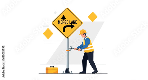 Maintenance Crew Repairing a Damaged Merge Lane Street Traffic Sign Vector Illustration