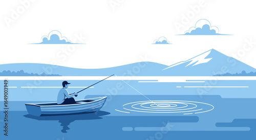 Man In Rowboat Enjoying Tranquil Fishing On Serene Lake Landscape