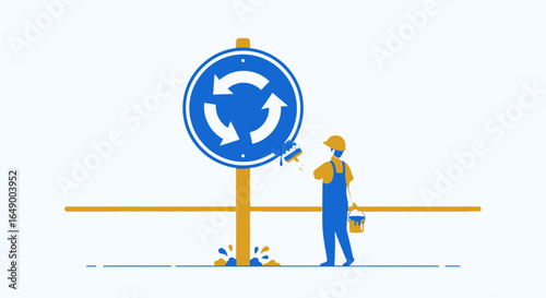 Maintenance Worker Refreshing Roundabout Sign With Blue And Yellow Color Palettes