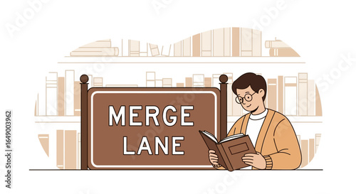 Man In Library Read Book, Merge Lane Sign, Book Background, Study Concept
