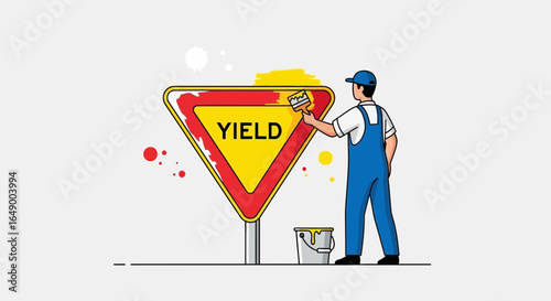 Maintenance Worker Repainting a Yield Sign for Road Safety Inspection
