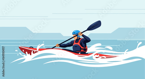 Man Kayaking Across Clear Water With Paddle And Safety Gear Outdoors