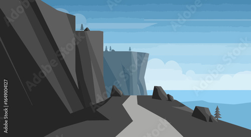 Majestic Cliffs And Winding Path On The Seaside Landscape Vector Illustration
