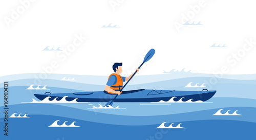 Man kayaking on the water with waves enjoying recreational water activity, illustration of sport activity for exercise and relaxation