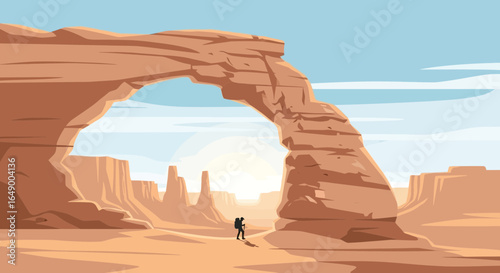 Majestic Desert Arch Landscape With A Lone Traveler Exploring The Horizon