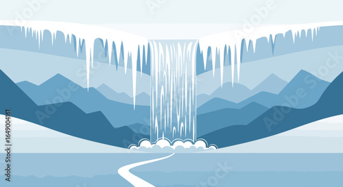 Majestic Frozen Waterfall Scene Overlooking Snowy Mountain Landscape