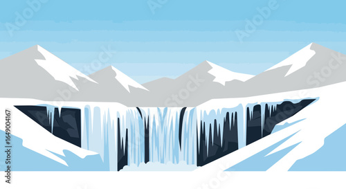 Majestic Frozen Waterfall Scene With Mountains And Icy Landscape View