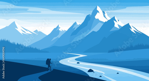 Majestic Mountain Landscape With Hiker Silhouette For Travel And Adventure