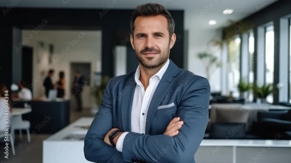 A well-dressed man stands with crossed arms, exuding confidence in a contemporary office space. Team members engage in discussions, highlighting a collaborative atmosphere A well-dressed man stands with crossed arms, exuding confidence in a contemporary office space. Team members engage in discussions, highlighting a collaborative atmosphere