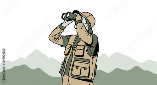 Man Looks Through Binoculars At Mountains In Search For Wildlife