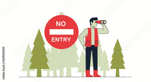 Man Looks With Binoculars At No Entry Sign In A Forest Landscape