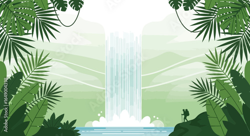 Majestic Waterfall And Jungle View With Adventurer At Exotic Tropical Setting