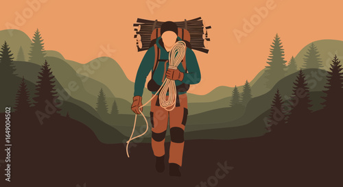 Man Adventure In The Mountain Carrying Wood And Ropes On His Back