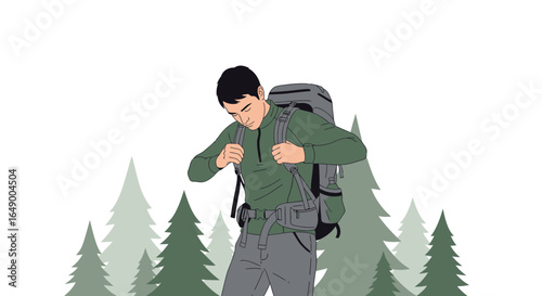 Man Adjusting Backpack In Nature Setting With Evergreen Trees Background
