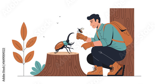 Man Observing Insects In The Forest While Enjoying Nature's Wonders