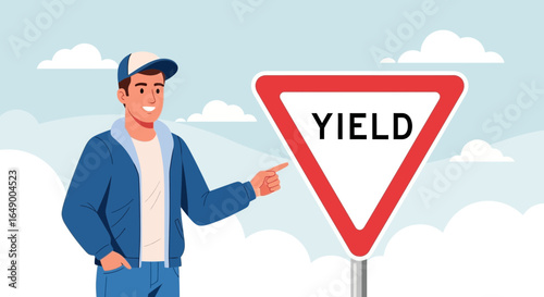 Man Advising to Pay Attention To Yield Road Sign Under Blue Sky