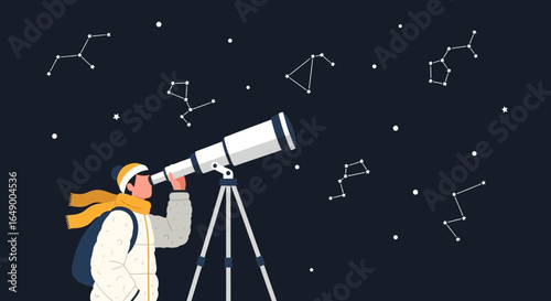 Man Observing Stars Through Telescope Discovering Celestial Wonders at Night